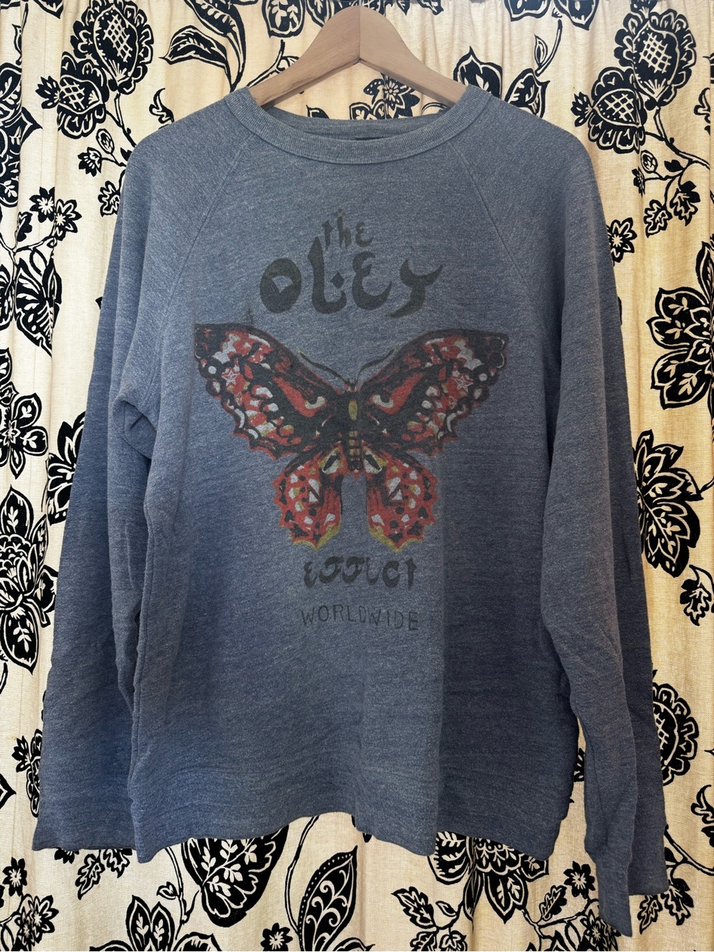 Obey Blue Crewneck Sweater with Red Butterfly Graphic